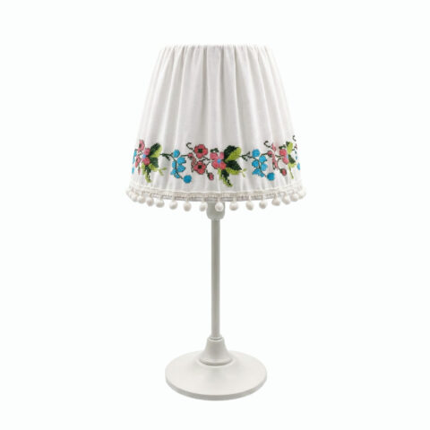 Çiçek Desenli Kanaviçe Başlıklı Beyaz Masa Lambası